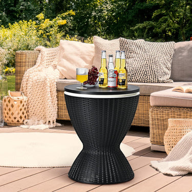 Cool Bar Table, 8 Gallon Beer and Wine Cooler, Rattan Style Outdoor Cocktail Patio Bar Tables, Height Adjustable, 3-In-1 Ice Cooler with Drainage Plug for Deck Pool Party (Black)